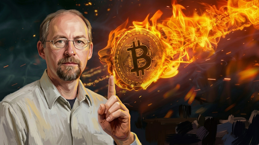 불타는 비트코인 옆에 선 아담 백 모습 / TokenPost.Ai