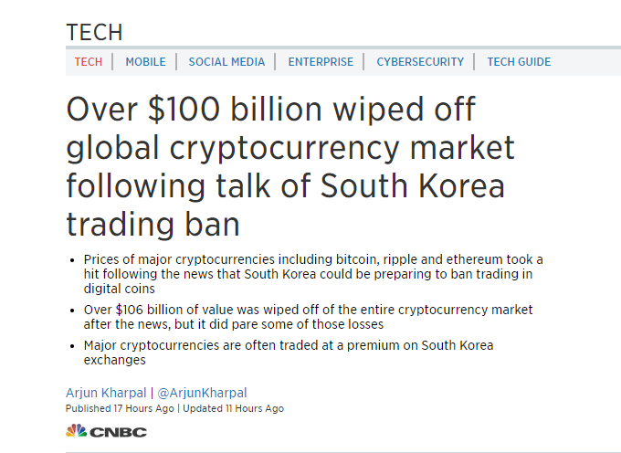 CNBC "韓 법무부장관 한마디에 암호화폐 시총 113조원 증발"