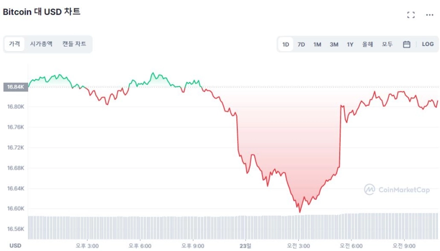 [오후 시세브리핑] 비트코인 1만6810달러선...DOGE 5% ↑