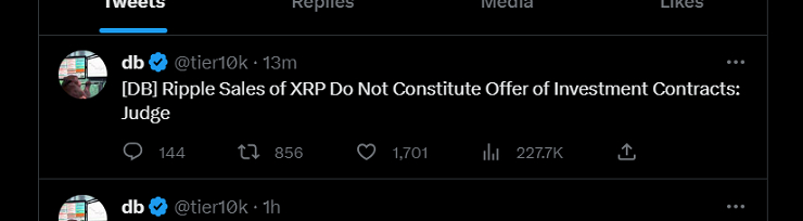 [토큰포스트 뉴욕 브리핑] 외신 "美 법원, 리플 XRP 판매 투자계약 해당하지 않아" 外