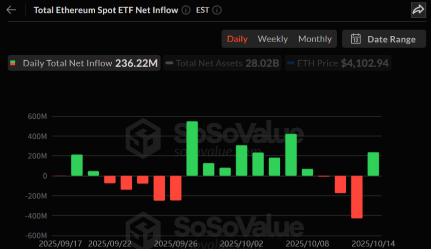 이더리움 현물 ETF 일간 자금 흐름 그래프 / 소소밸류