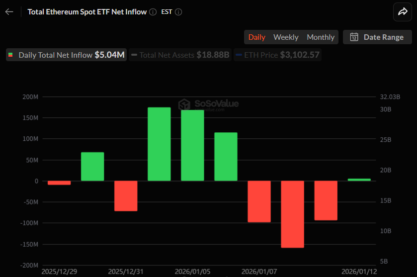 이더리움 현물 ETF 일간 자금 흐름 그래프 / 소소밸류