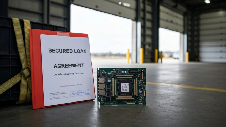 GPU 장비와 대출 계약 서류가 놓인 창고 장면 / TokenPost.ai