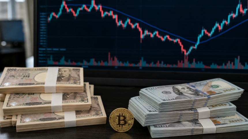 엔화 지폐와 비트코인 차트 / TokenPost.ai