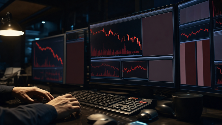 붉은 하락 차트가 표시된 거래 모니터 / TokenPost.ai