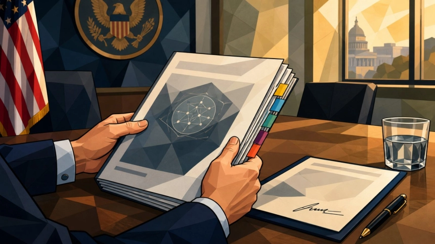 암호화폐 규정 초안과 서류철이 놓인 회의탁자 / TokenPost.ai