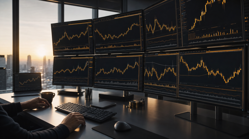 거래 차트가 표시된 다중 모니터 책상 / TokenPost.ai