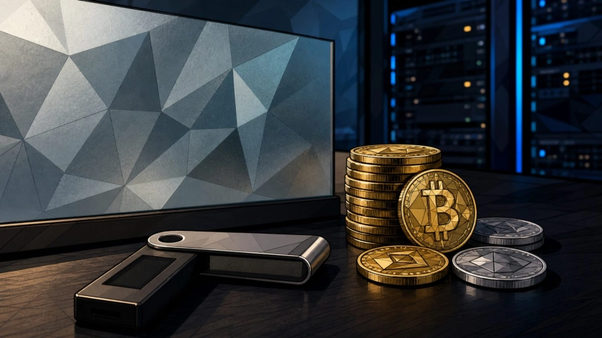 서버실 앞 책상 위 금속 지갑과 동전 더미 / TokenPost.ai