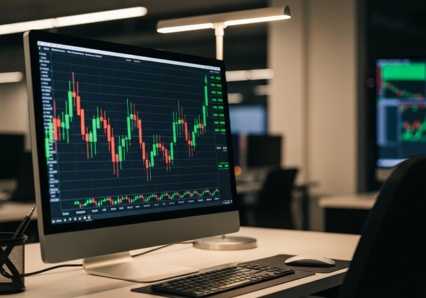 상승하는 주가 차트가 표시되는 거래실 모니터 / TokenPost.ai