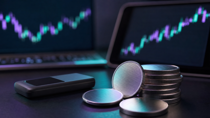 차트 화면 앞에 놓인 금속 코인과 지갑 / TokenPost.ai