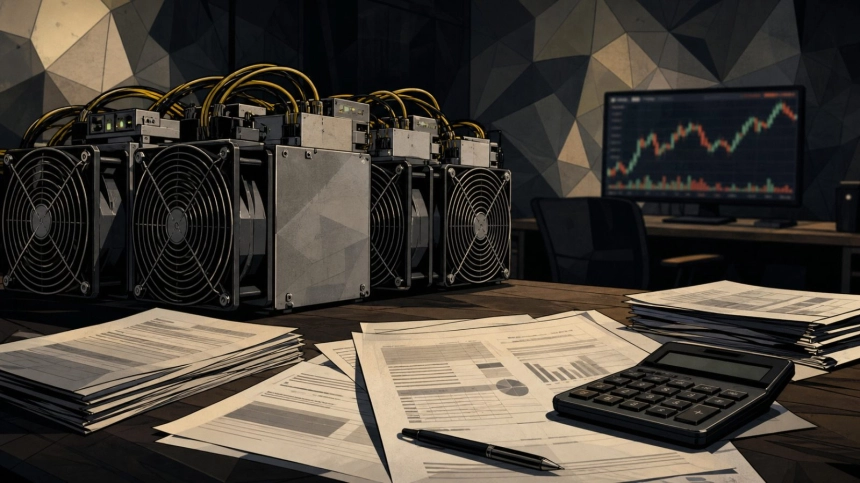 채굴 설비와 공시 서류가 놓인 책상 / TokenPost.ai