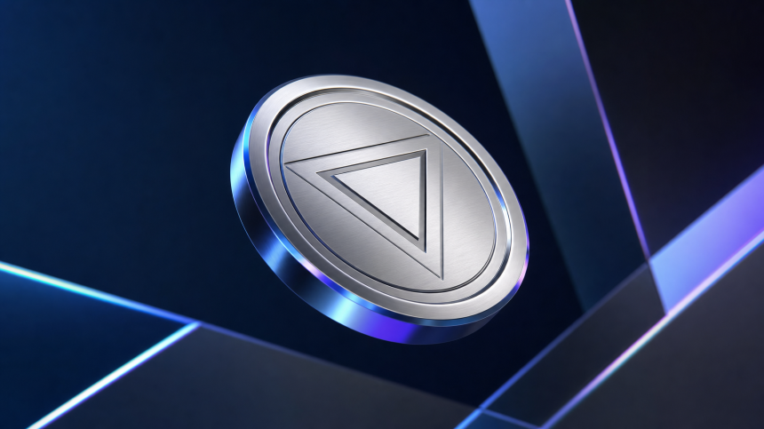 삼각형 문양이 새겨진 은색 암호화폐 토큰 / TokenPost.ai (coin)