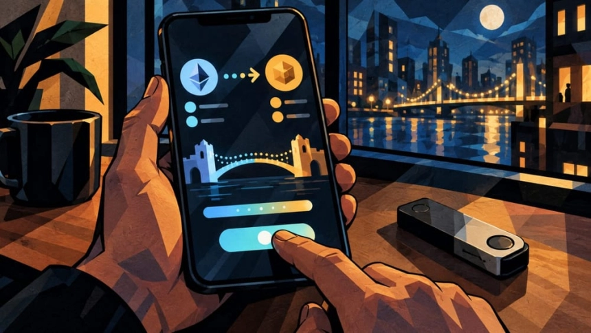 균열 난 다리 모형과 흩어진 금속 토큰 / TokenPost.ai