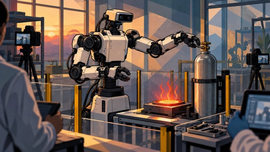 가열판 옆 압축공기통을 향한 양팔형 로봇 / TokenPost.ai