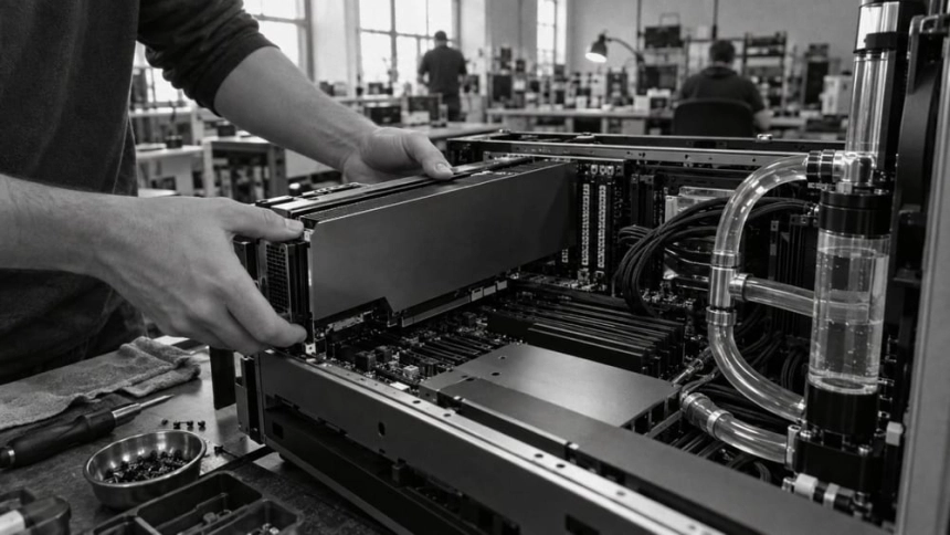 GPU 가속기를 설치하는 작업자의 손 / TokenPost.ai (mono)